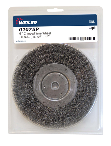 6" Narrow Face Crimped Wire Wheel, .014" Steel Fill, 5/8"-1/2" Arbor Hole, Retail Pack