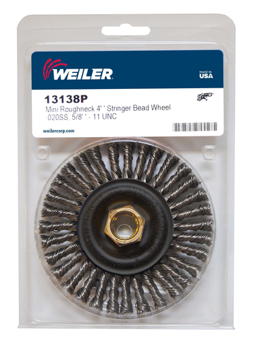 Mini Roughneck 4" Stringer Bead Wire Wheel, .020" Stainless Steel Fill, 5/8"-11 UNC Nut, Retail Pack