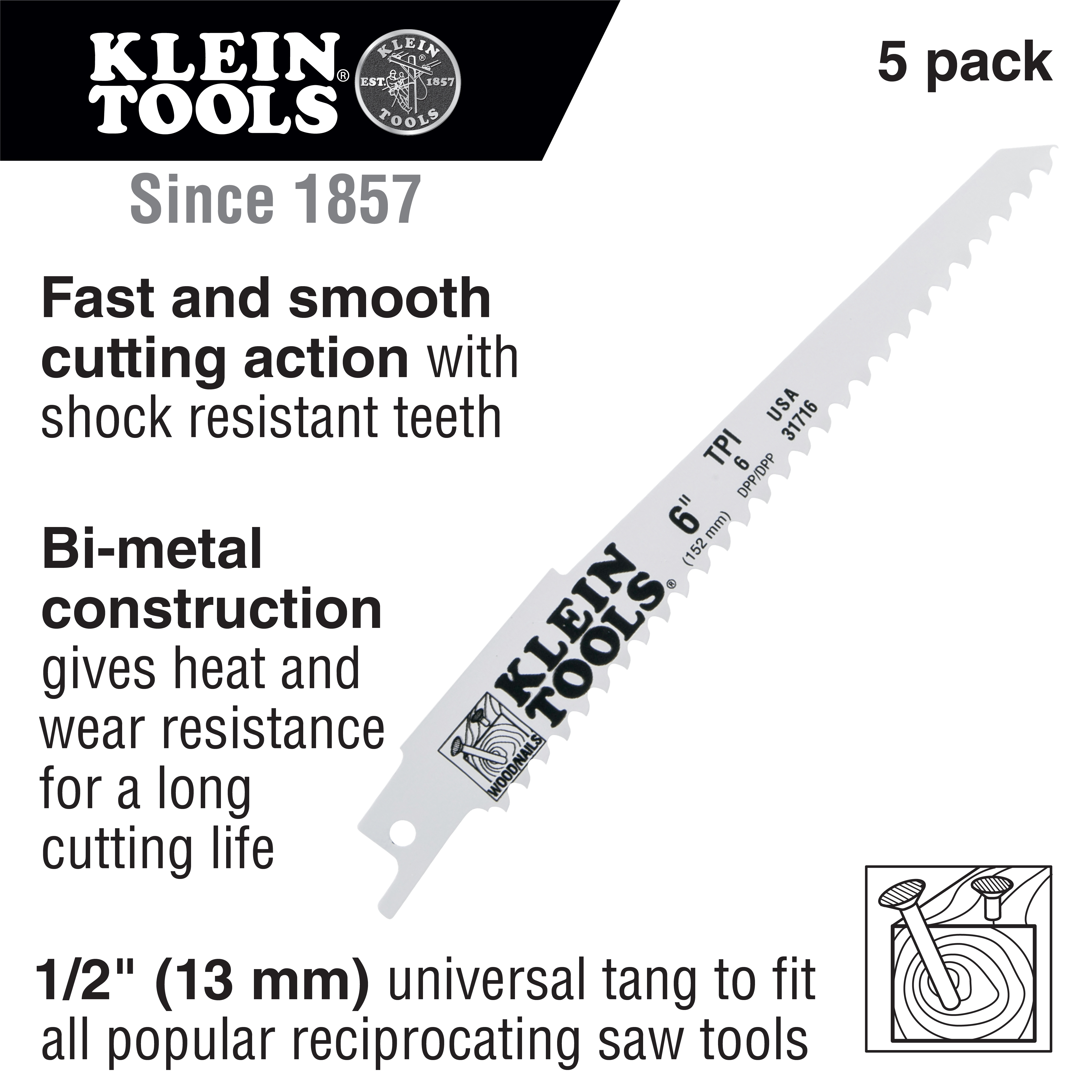 Reciprocating Saw Blades, 6 TPI, 12-Inch, 5-Pack