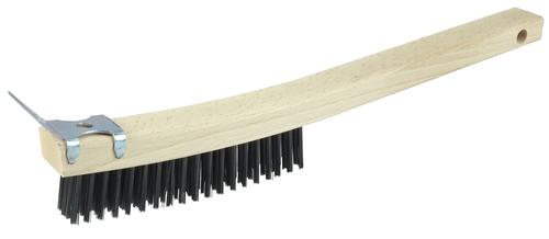 Hand Wire Scratch Brush w/Scraper, .012 Carbon Steel Fill, Curved Handle, 4 x 18 Rows