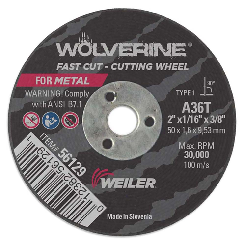2" x 1/16" Wolverine Type 1 Cut-Off Wheel, A36T, 3/8" A.H.