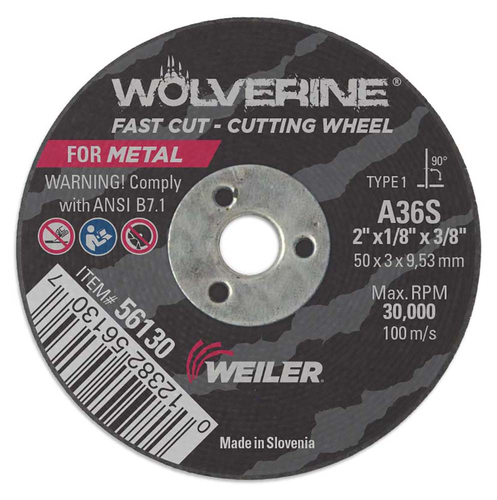 2" x 1/8" Wolverine Type 1 Cut-Off Wheel, A36S, 3/8" A.H.