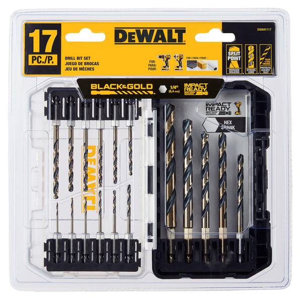 dwah1117the-dewalt-black-and-gold-metal-drill-bits-feature-a-black-and-gold-coating-for-preventing-rust-the-tapered-web-design-provides-extreme-durability-to-resist-breakage-the-bits-feature-a-14-hex-shank-that-is-designed-to