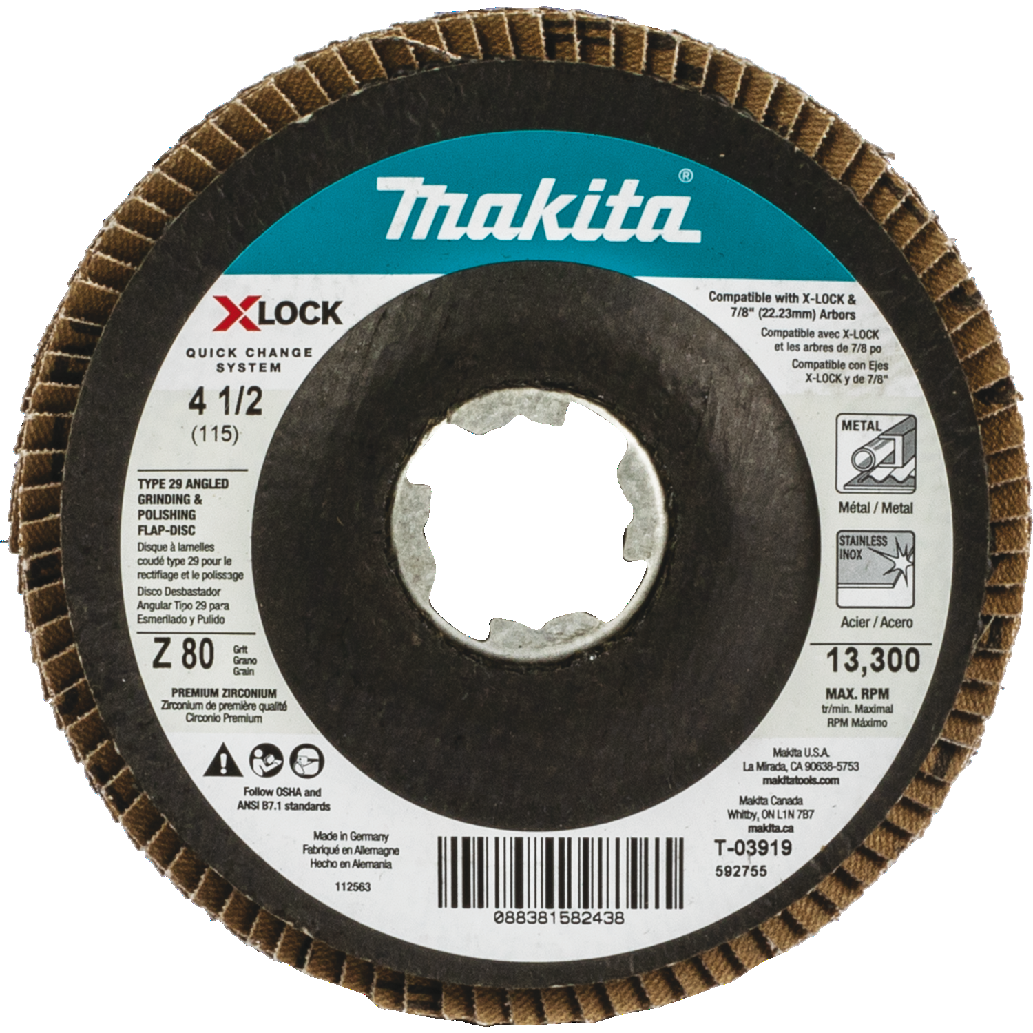 xlock-412-80-grit-type-29-angled-grinding-and-polishing-flap-disc-for-xlock-and-all-78-arbor-grinders-t-03919-makita