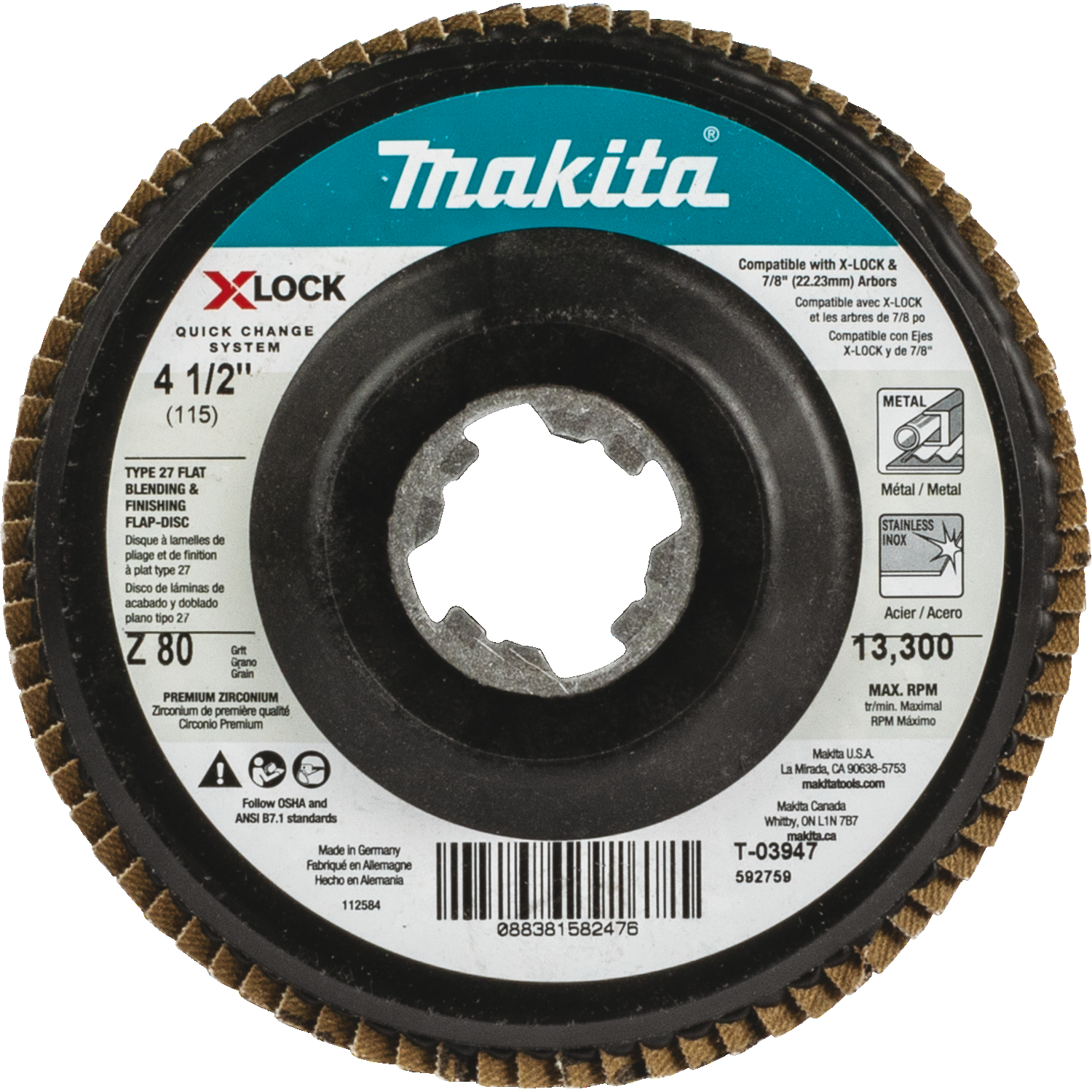 xlock-412-80-grit-type-27-flat-blending-and-finishing-flap-disc-for-xlock-and-all-78-arbor-grinders-t-03947-makita