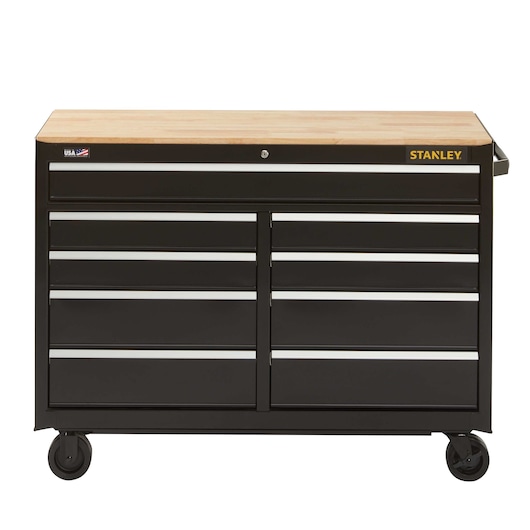 stst25291bk300-series-52-in-9drawer-mobile-workbench-stanley-300-series-mobile-work-bench-no-of-drawers-9-depth-nom-18-in-height-nom-375-in-material-steel-drawer-dimensions-52-in-caster-diam-5-in-x-2-in-load-cap-max-1-100-lb-
