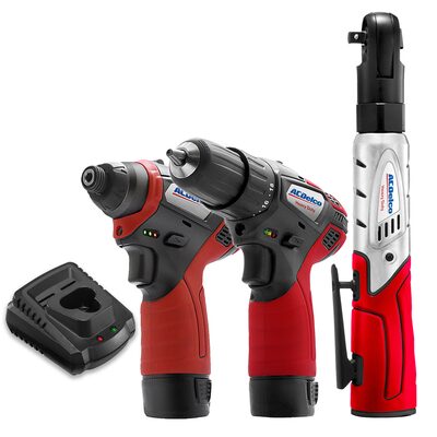 ACDelco ACDelco ARW1208-K10 G12 Series 12V Cordless Li-ion 1/4"Impact Driver, 3/8" Ratchet Wrench & 2-Speed Drill Driver Combo Tool Kit with 2 Batteries