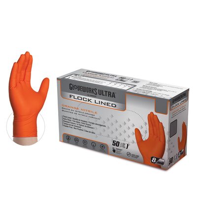 Gloveworks Ultra Flock Lined RDT Orange Nitrile Gloves - Medium