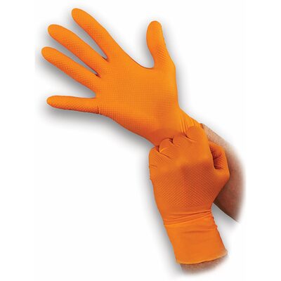 Atlantic Safety Company Super tough orange 8mil powder free nitrile disposable gloves with aggressive diamond grip. Touchscreen compatible, food safe and resists most chemicals. Latex Free. Not for Medical Use. 100/box. Sm