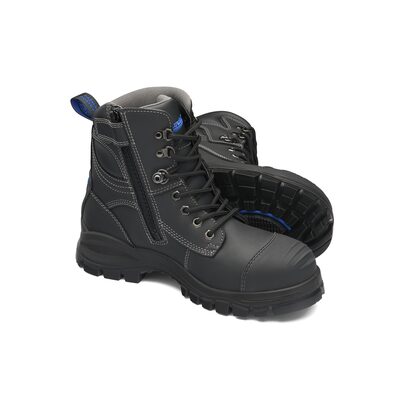 Blundstone Steel Toe Lace Up Side Zip, Water Resistant, Bump Cap, Black, AU size 9.5, US size 10.5