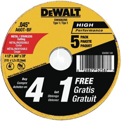DeWalt 4-1/2 in x .045 in Aluminum Oxide Abrasive Chop / Cut-Off Blade with 7/8 in Arbor for Metal Cutting (5 Pack)