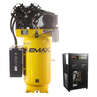 Emax Compressor Silent Industrial Plus 7.5 HP 3 Phase 2-Stage 80 gal. Compressor with 30 CFM Dryer Bundle-With Pressure Lube Pump