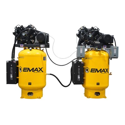 Emax Compressor Two 10HP 1ph 120 Gallon Vertical Solo Mounted Alternating Silent Air compressors-w/Pressure Lubricated pumps