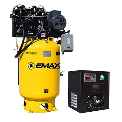 Emax Compressor Silent Industrial Plus 10 HP 3-Phase 120 gal.Vertical Compressor with 58 CFM Dryer Bundle-With Pressure Lube Pump