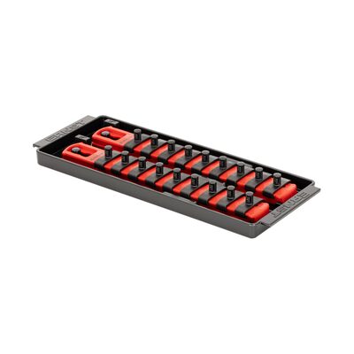 Ernst Mfg. 2 Rail Universal Twist Lock Socket Tray 8", Red, with 18) 1/4" Socket Clips