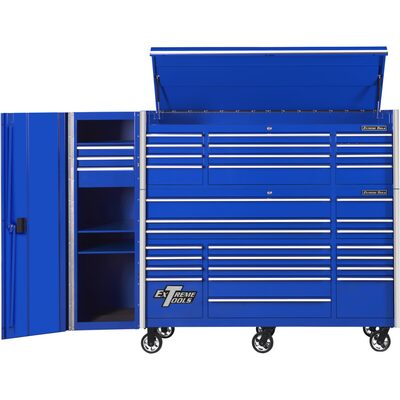 Extreme Tools RX Series 72in W x 25in D Professional Extreme Power Workstation Hutch, 19-Drawer Roller Cabinet-150 lbs Slides and 19in 3-Drawer Side Locker Combo, Blue w Chrome Dr Pulls