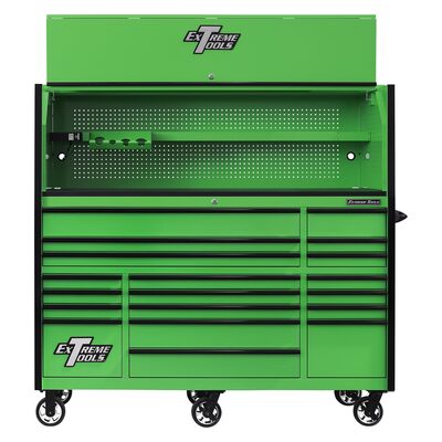 Extreme Tools RX Series 72"W x 30"D Pro Hutch & 19 Drawer Roller Cabinet Combo; Green w Black Drawer Pulls