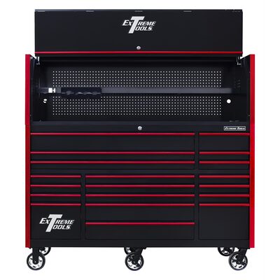 Extreme Tools RX Series 72"W x 30"D Pro Hutch & 19 Drawer Roller Cabinet Combo; Black w/ Red Drawer Pulls