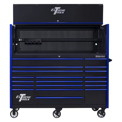 Extreme Tools RX Series 72"W x 30"D Pro Hutch & 19 Drawer Roller Cabinet Combo; Black w Blue Drawer Pulls