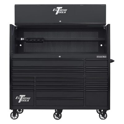 Extreme Tools RX Series 72"W x 30"D Pro Hutch & 19 Drawer Roller Cabinet Combo; Matte Black w Black Drawer Pulls
