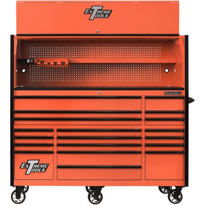 Extreme Tools RX Series 72"W x 30"D Pro Hutch & 19 Drawer Roller Cabinet Combo; Orange w Black Drawer Pulls