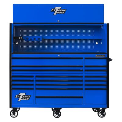 Extreme Tools RX Series 72"W x 30"D Pro Hutch & 19 Drawer Roller Cabinet Combo; Blue w Black Drawer Pulls