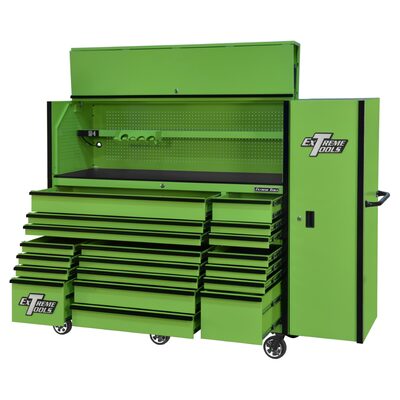 Extreme Tools RX Series 72in W x 30in D Professional Extreme Power Workstation Hutch, 19-Drawer Roller Cabinet-250 lbs Slides and 19in 3-Drawer Side Locker Combo, Green w Black Dr Pulls