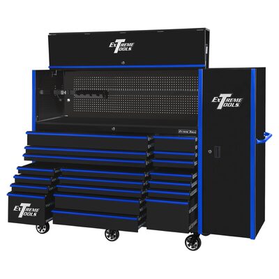 Extreme Tools RX Series 72in W x 30in D Professional Extreme Power Workstation Hutch, 19-Drawer Roller Cabinet-250 lbs Slides and 19in 3-Drawer Side Locker Combo, Black w Blue Dr Pulls