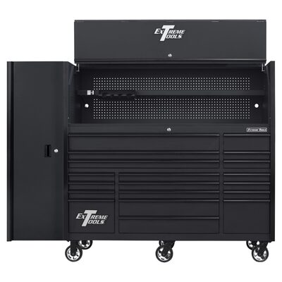 Extreme Tools RX Series 72in W x 30in D Professional Extreme Power Workstation Hutch, 19-Drawer Roller Cabinet-250 lbs Slides and 19in 3-Drawer Side Locker Combo, Matte Black w Black Dr Pulls