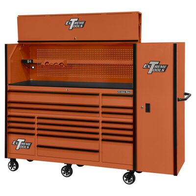 Extreme Tools RX Series 72in W x 30in D Professional Extreme Power Workstation Hutch, 19-Drawer Roller Cabinet-250 lbs Slides and 19in 3-Drawer Side Locker Combo, Orange w Black Dr Pulls