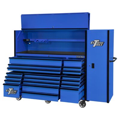 Extreme Tools RX Series 72in W x 30in D Professional Extreme Power Workstation Hutch, 19-Drawer Roller Cabinet-250 lbs Slides and 19in 3-Drawer Side Locker Combo, Blue w Black Dr Pulls