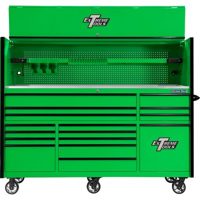 Extreme Tools RX Series 84in W x 30in D Extreme Power Workstation and 16-Drawer Roller Cabinet w Power Tool Drawer Combo  Green with Black Trim