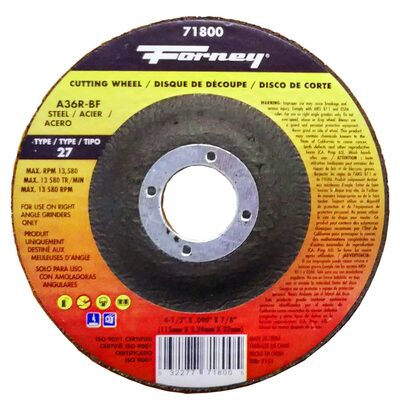 Forney Industries Cut-Off Wheel, Metal, Type 27, 4-1/2 in x .090 in x 7/8 in
