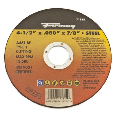 Forney Industries Cut-Off Wheel, Metal, Type 1, 4-1/2 in x .080 in x 7/8 in