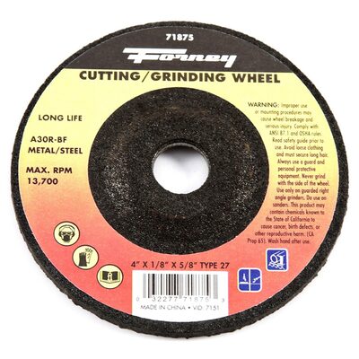Forney Industries Grinding Wheel, Metal, Type 27, 4 in x 1/8 in x 5/8 in