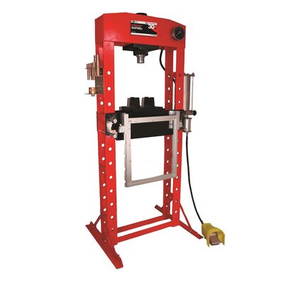 American Forge & Foundry Shop Press - 30 Ton Capacity - Foot Operated Air Motor/Manual Pump W/ Hydraulic Ram - Built In Polycarbonate Press Guard - 10 pc  Pin & Bearing Press Adapter Set Included - SUPER DUTY