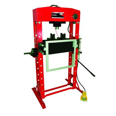 American Forge & Foundry Shop Press - 50 Ton Capacity - Foot Operated Air Motor/Manual Pump W/ Hydraulic Ram - Built In Polycarbonate Press Guard - 10 pc  Pin & Bearing Press Adapter Set Included - SUPER DUTY
