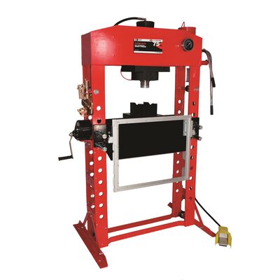 American Forge & Foundry Shop Press - 75 Ton Capacity - Foot Operated Air Motor/Manual Pump W/ Hydraulic Ram - Built In Polycarbonate Press Guard - 10 pc  Pin & Bearing Press Adapter Set Included - SUPER DUTY