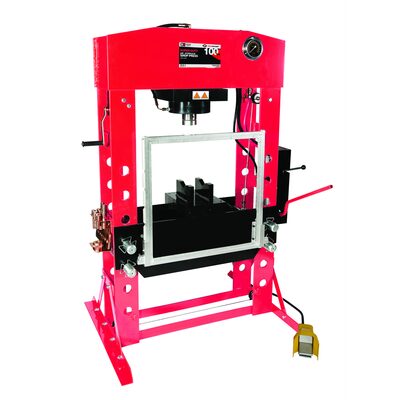 American Forge & Foundry Shop Press - 100 Ton Capacity - Foot Operated Air Motor/Manual Pump W/ Hydraulic Ram - Built In Polycarbonate Press Guard - 10 pc  Pin & Bearing Press Adapter Set Included - SUPER DUTY