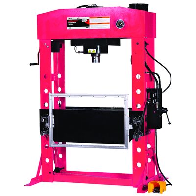 American Forge & Foundry Shop Press - 150 Ton Capacity - Foot Operated Air Motor/Manual Pump W/ Hydraulic Ram - Built In Polycarbonate Press Guard - 10 pc  Pin & Bearing Press Adapter Set Included - SUPER DUTY