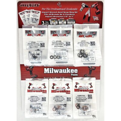 Just Clips 6 Hook Display of Milwaukee and Just Clips Snap rings and o-rings.  1/4" , 3/8" & 1/2" in both sytles