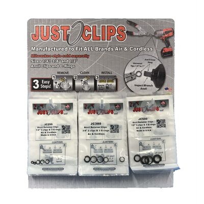 Just Clips 3 Hook Display of 1/4", 3/8" & 1/2"  rings and o-rings