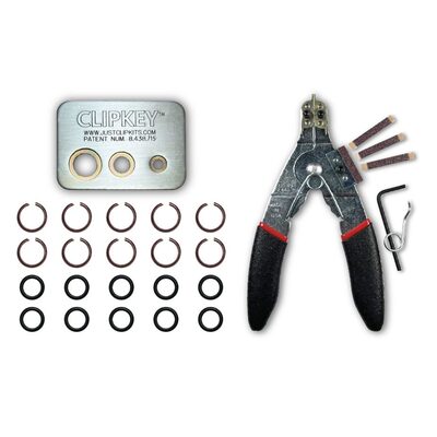 JUST CLIPS TOOL KIT WITH SNAP RING PLIERS, A CLIPKEY AND 10 SETS OF 1/2" FRICTION RINGS & O-RINGS