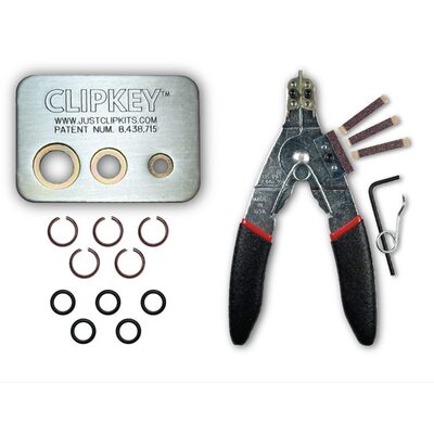 JUST CLIPS TOOL KIT WITH SNAP RING PLIERS, A CLIPKEY AND 5 SETS OF 1/2" FRICTION RINGS & O-RINGS