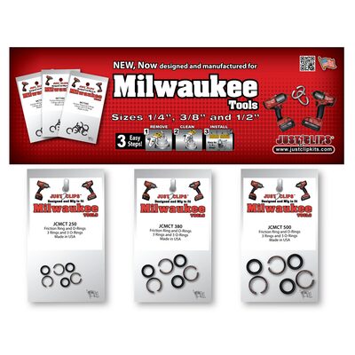 Just Clips 3 Hook Display of Milwaukee 1/4", 3/8" & 1/2" Friction rings and o-rings