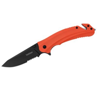 Kershaw Barricade Serrated Assisted Opening Rescue Folding Pocket Knife with Glassbreaker and Cord Cutter - Color Orange