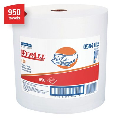 Kimberly Clark WypAll 05841 L30 Series Jumbo Roll Towel, 13.4 x 12.4 in, 950, Double Re-Creped, White, 1 Plys