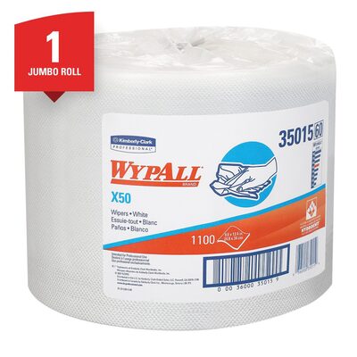 Kimberly Clark WypAll 35015 X50 Series Jumbo Roll Cloth, 9.8 x 13.4 in, 1100, Hydroknit, White, 1 Plys