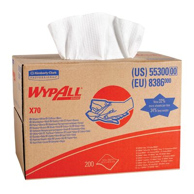 Kimberly Clark WypAll 55300 X70 Series Brag Box Cloth, 12-1/2 x 16.8 in, 200, Hydroknit, White, 1 Plys