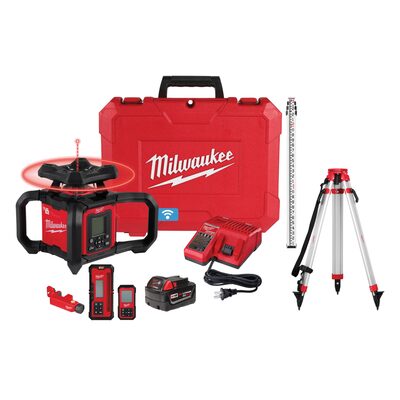 Milwaukee Tool M18 Red Exterior Dual Slope Rotary Laser Level Kit with Receiver, Remote, Grade Rod, and Tripod